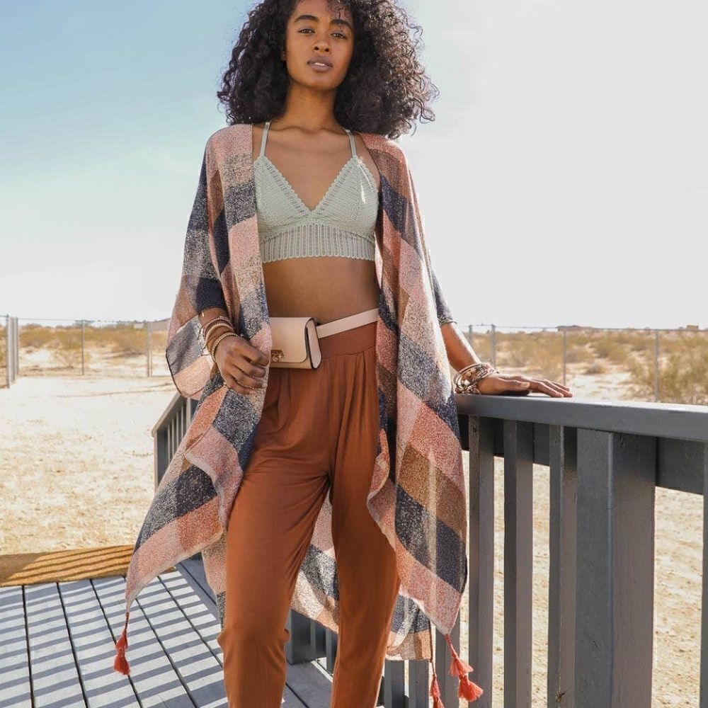 New!Boho Print Kimono Peach Plaid One Size Hippie Beach Cover Up
